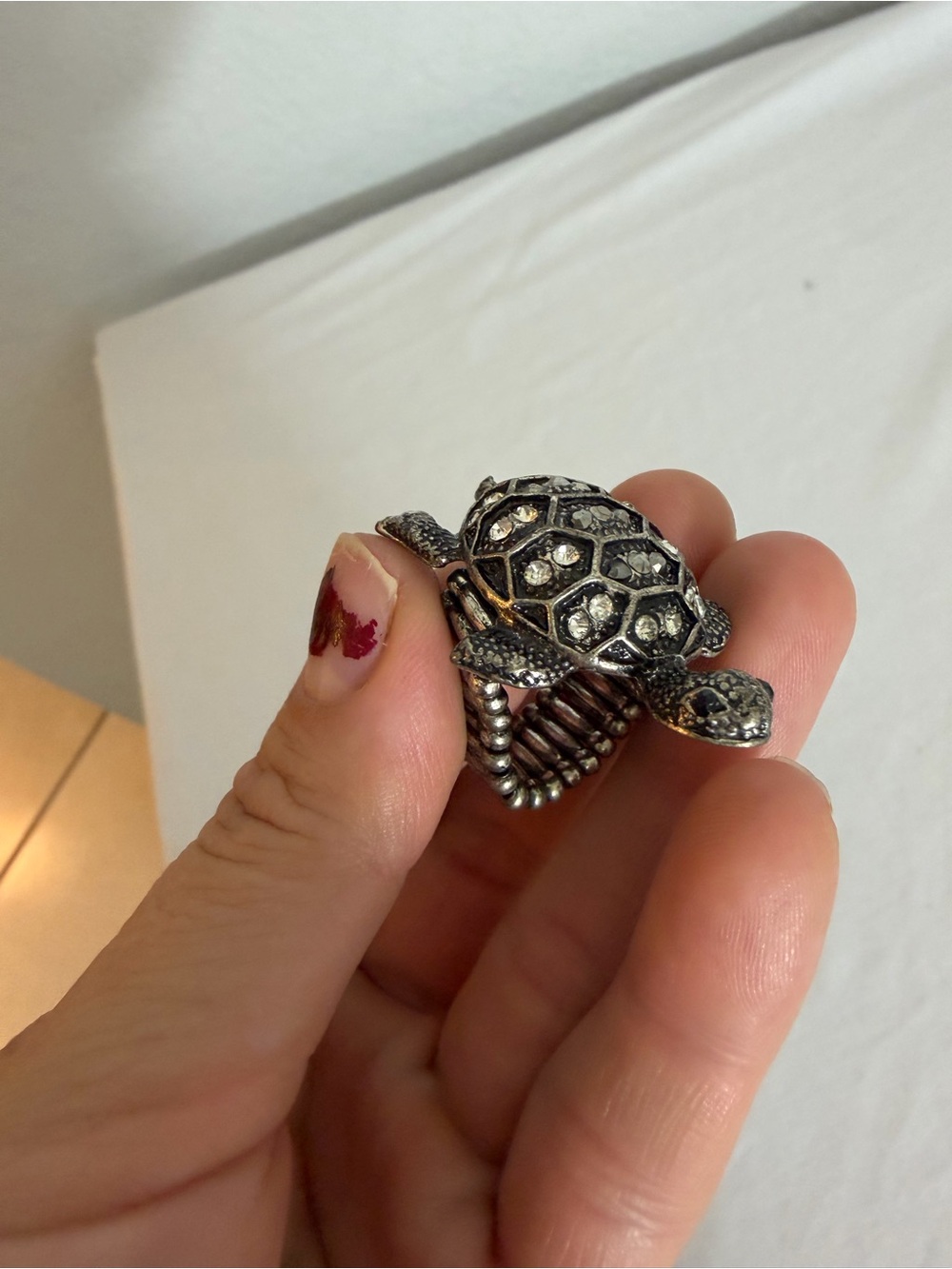 Turtle Ring with Crystal Accents — Silver Tone